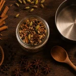 Chai épices en bocal, cannelle, cardamome, gingembre sur table en bois
