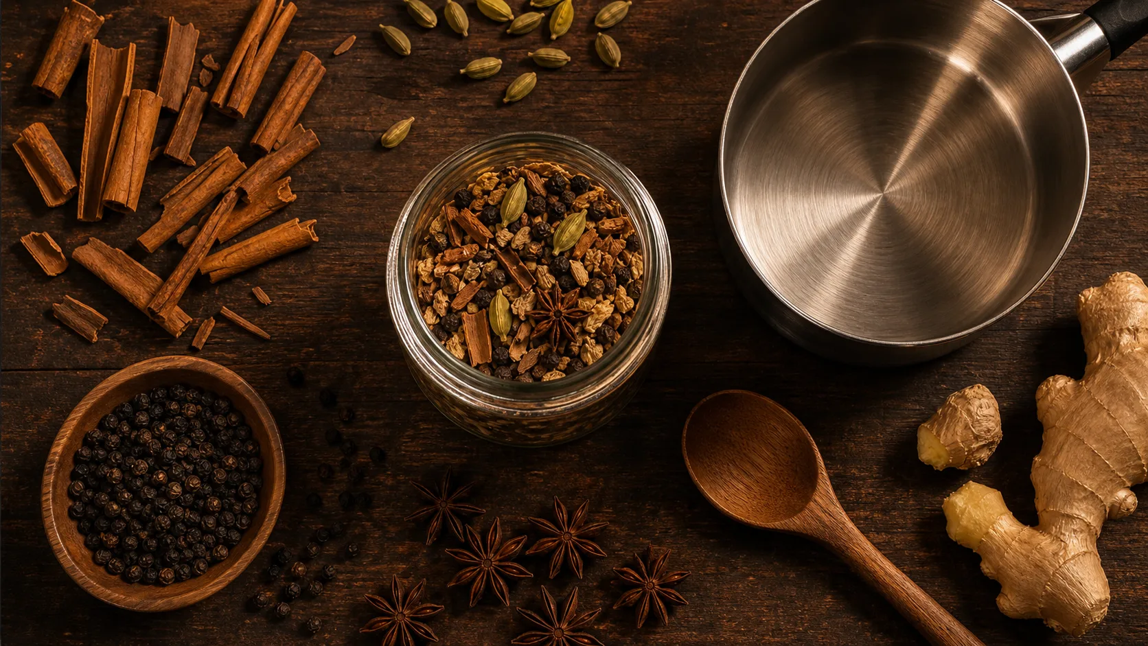 Chai épices en bocal, cannelle, cardamome, gingembre sur table en bois