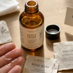 Cosmétique sèche : huile sèche corps et cheveux sur table bois clair