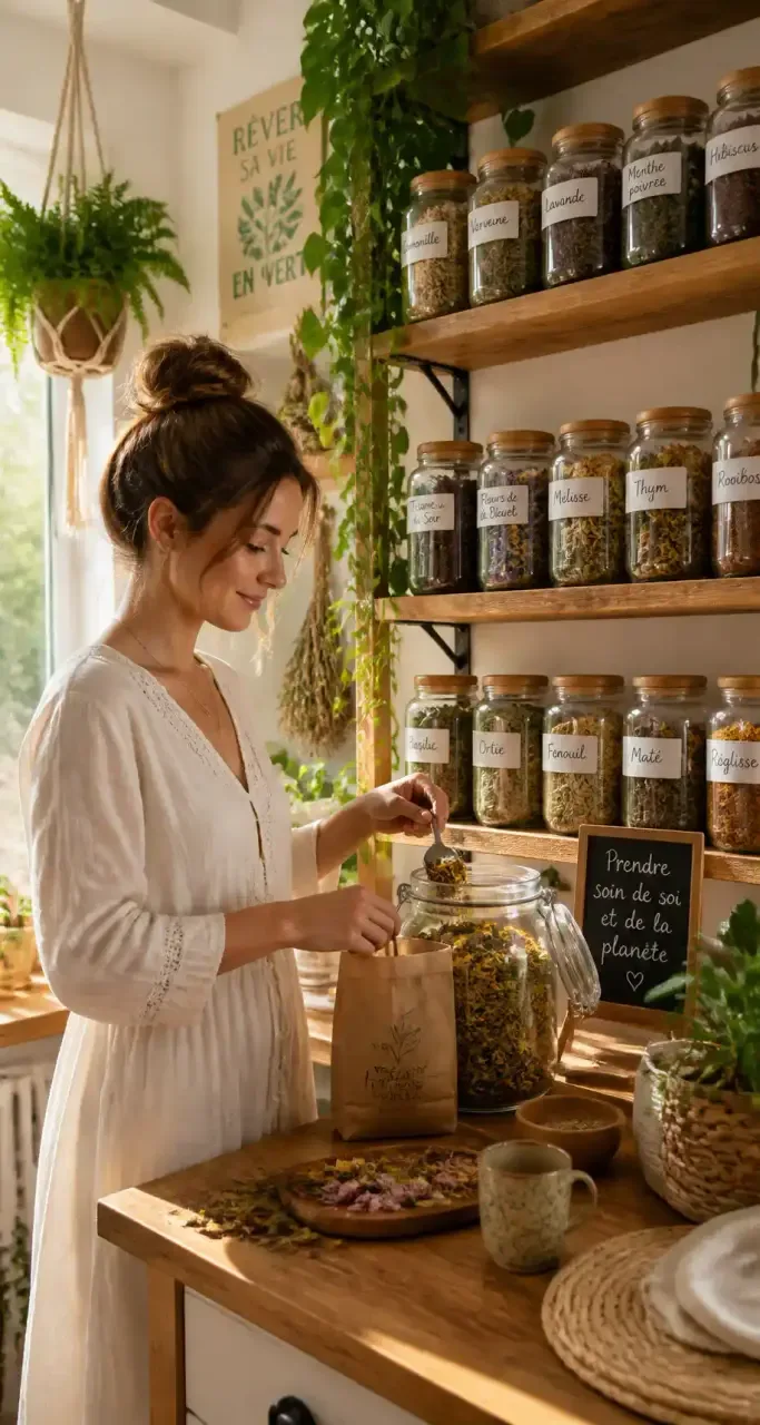Préparation d'infusions maison dans une cuisine écoresponsable