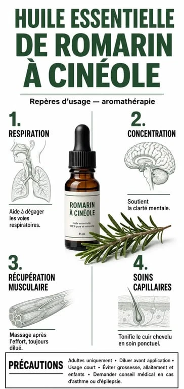 Romarin à cinéole bienfaits : infographie sur les usages respiratoires, capillaires et les précautions