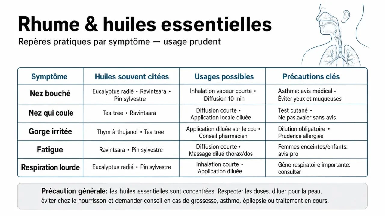 Rhume et huiles essentielles : tableau visuel des huiles à privilégier selon les symptômes et les précautions