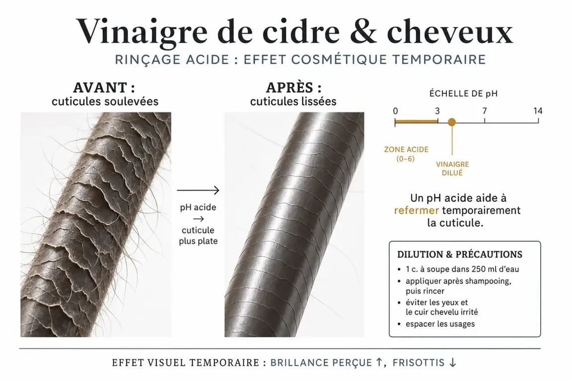 Infographie sur le vinaigre de cidre et cheveux : effets sur la brillance, les cuticules et les précautions d’usage