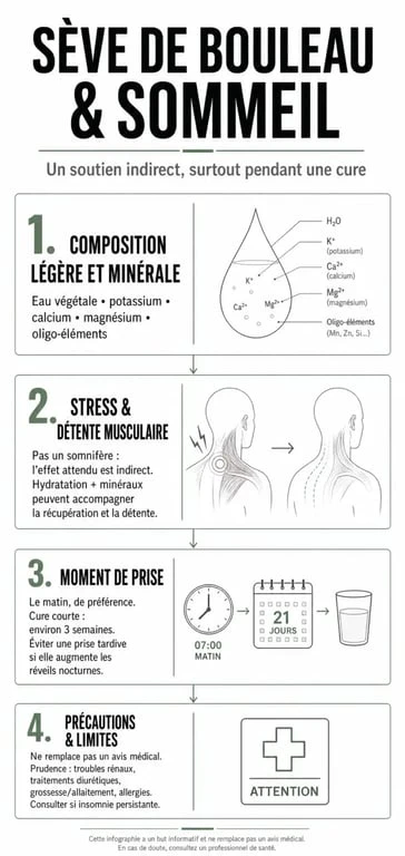 Sève de bouleau et sommeil : infographie sur les effets indirects, le bon moment de prise et les précautions