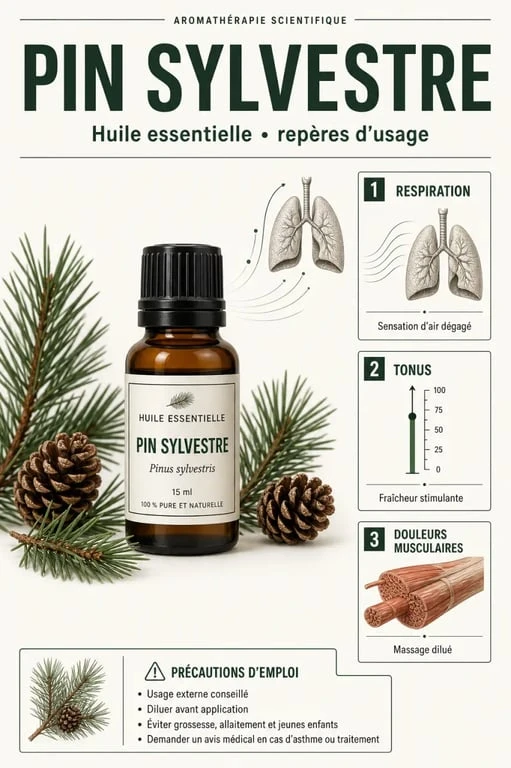 Pin sylvestre huile essentielle bienfaits et précautions dans une infographie éditoriale