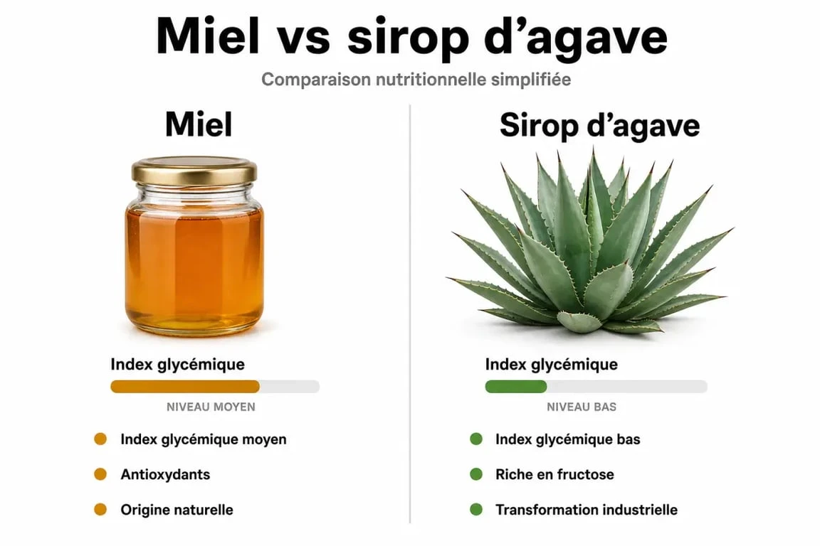 Infographie comparative des bienfaits et différences nutritionnelles entre le miel et le sirop d'agave