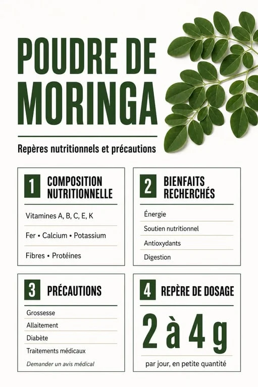 Infographie sur la poudre de moringa bienfait : nutriments, usages et précautions