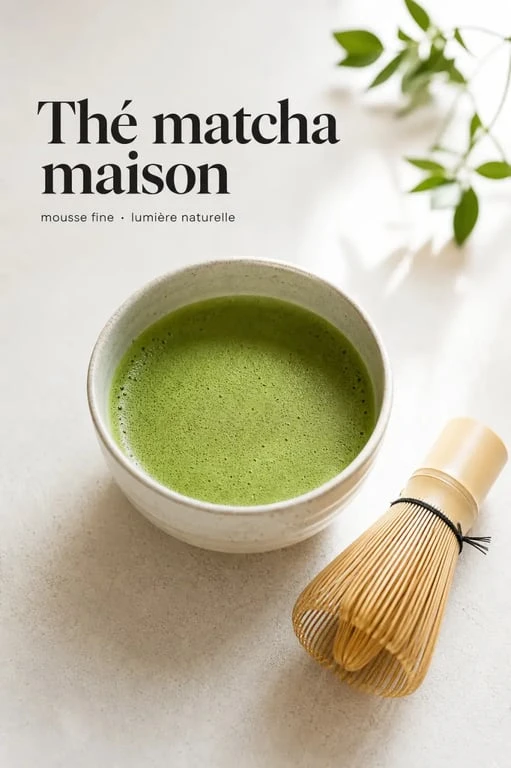 Recette thé matcha maison dans un bol en céramique avec mousse fine verte et fouet en bambou