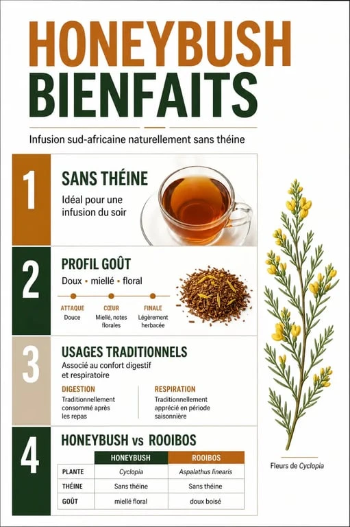 Infographie sur les honeybush bienfaits, sans théine, goût miellé et comparaison avec le rooibos
