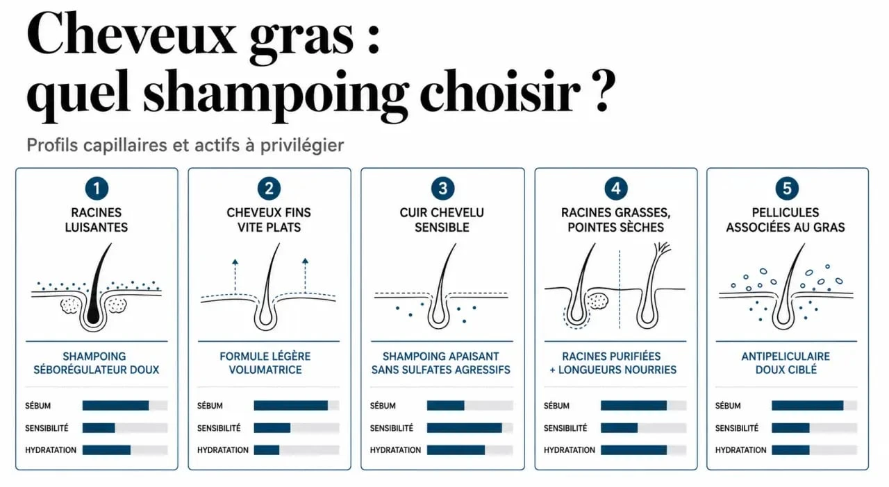 Meilleure shampoing cheveux gras : tableau visuel comparatif des profils de cheveux et du type de shampoing à privilégier