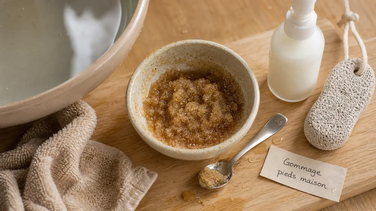 Gommage pour les pieds maison : sucre brun, huile et eau tiède, pieds
