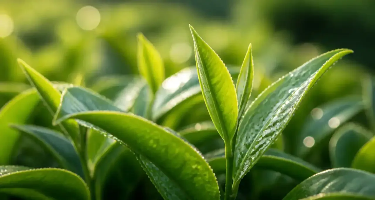 Gros plan sur des feuilles de thé vert bio couvertes de rosée