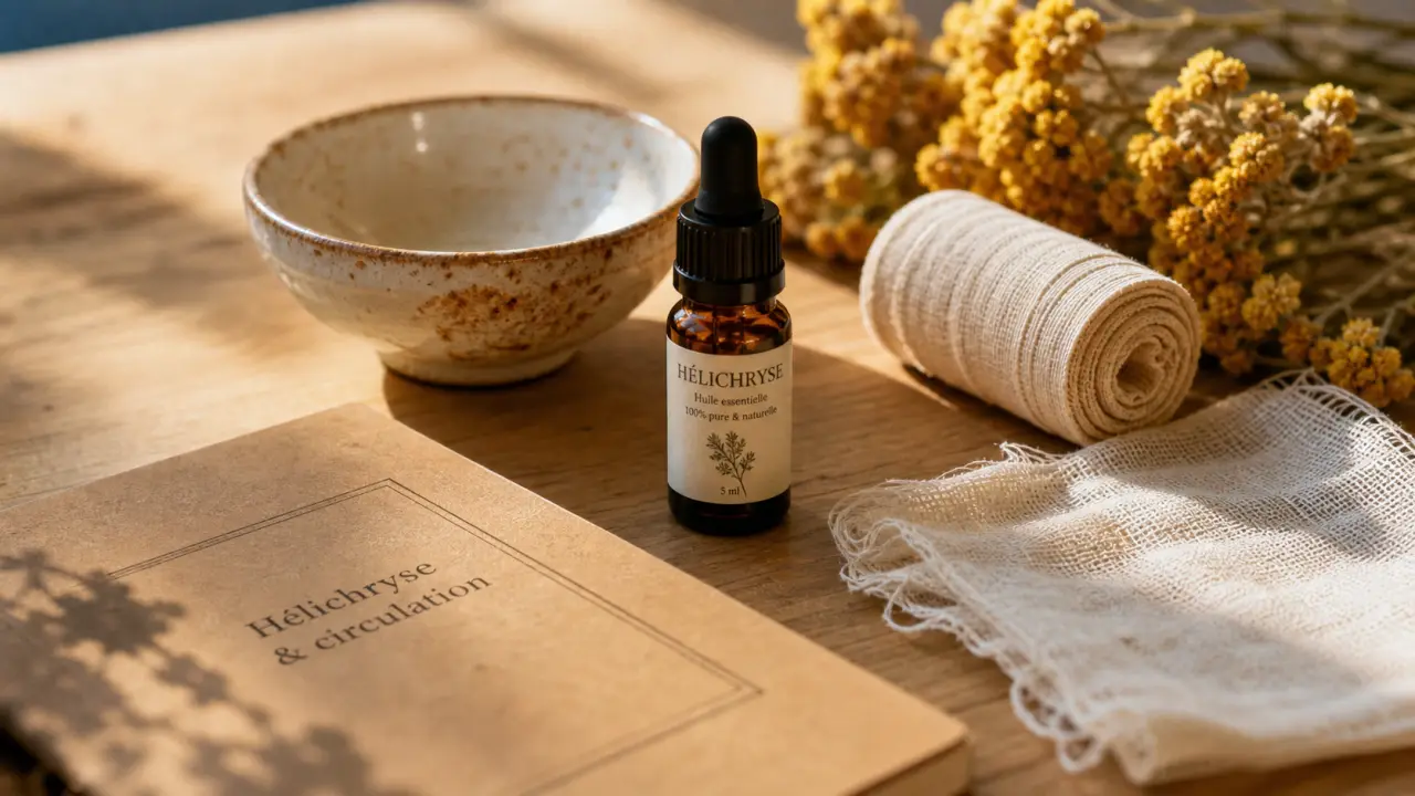 Huile essentielle d’hélichryse, bienfaits pour la circulation, verre et fleurs d’immortelle italienne