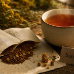 Tasse honeybush sans théine, honeybush bienfaits et goût miellé, feuilles et fleurs Cyclopia