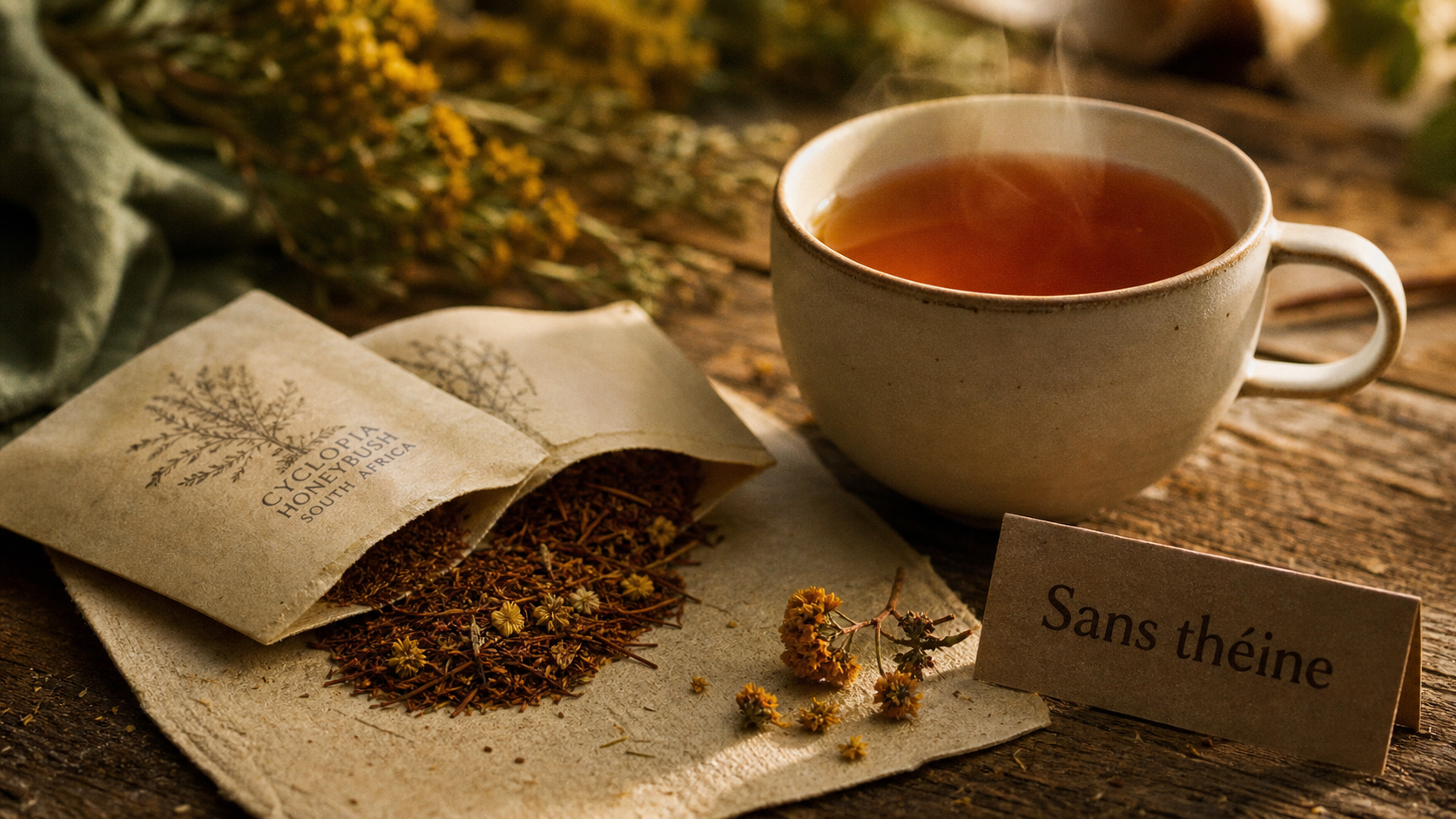 Tasse honeybush sans théine, honeybush bienfaits et goût miellé, feuilles et fleurs Cyclopia