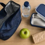 Lunch bag isotherme sur table, doublure alu et lunch box hermétique