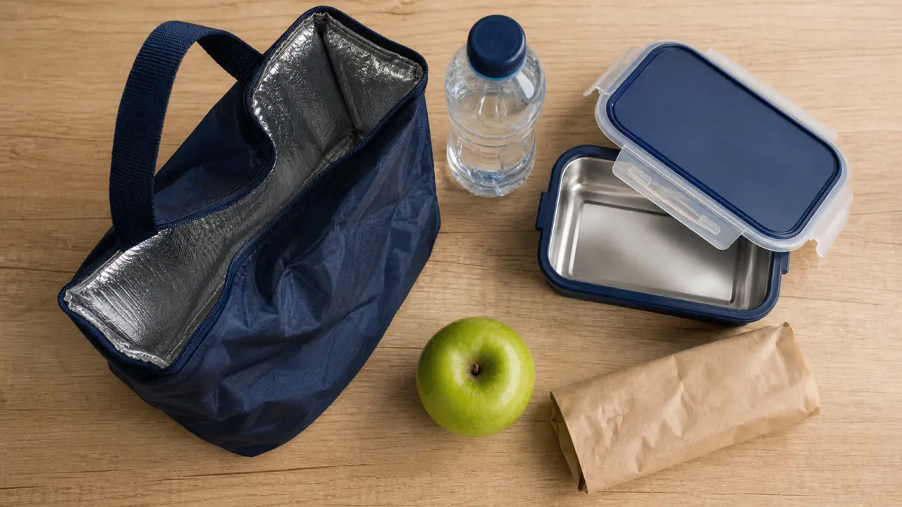 Lunch bag isotherme sur table, doublure alu et lunch box hermétique