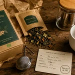 Nectar de thé : thé en feuilles, tasse et infuseur sur table en bois