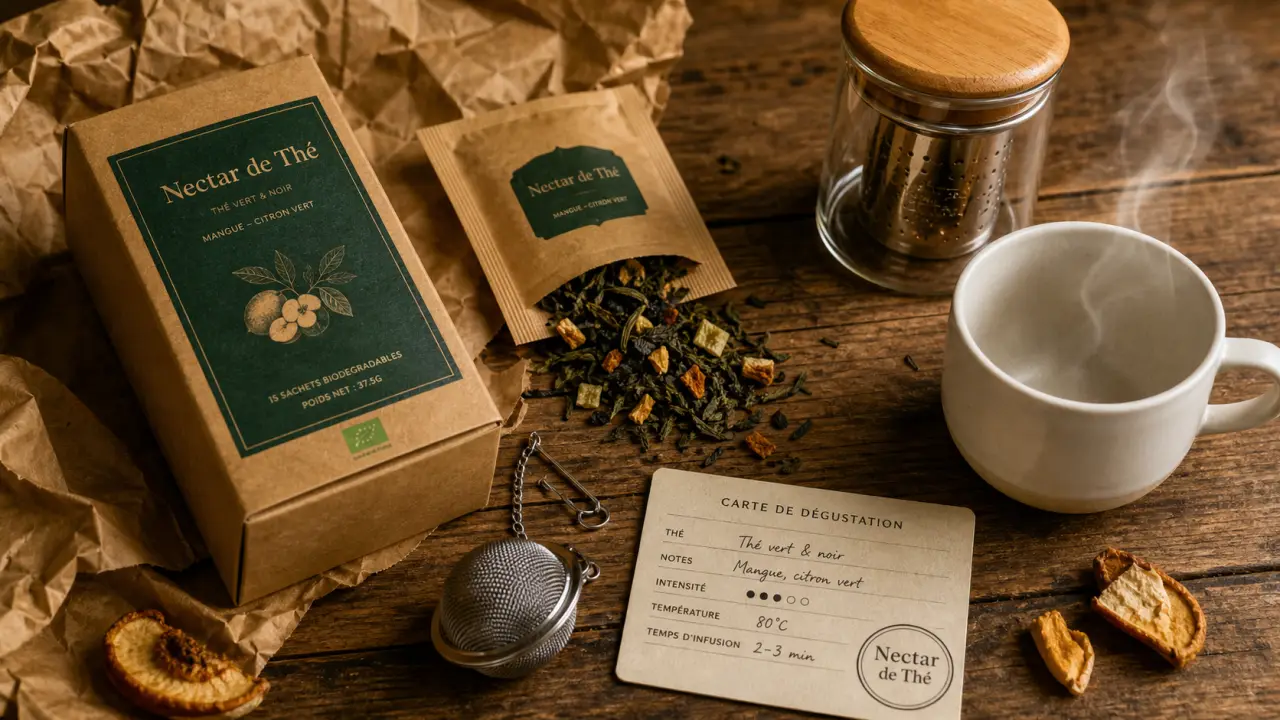 Nectar de thé : thé en feuilles, tasse et infuseur sur table en bois