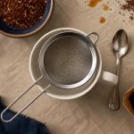 Passoire a the inox sur tasse blanche, rooibos