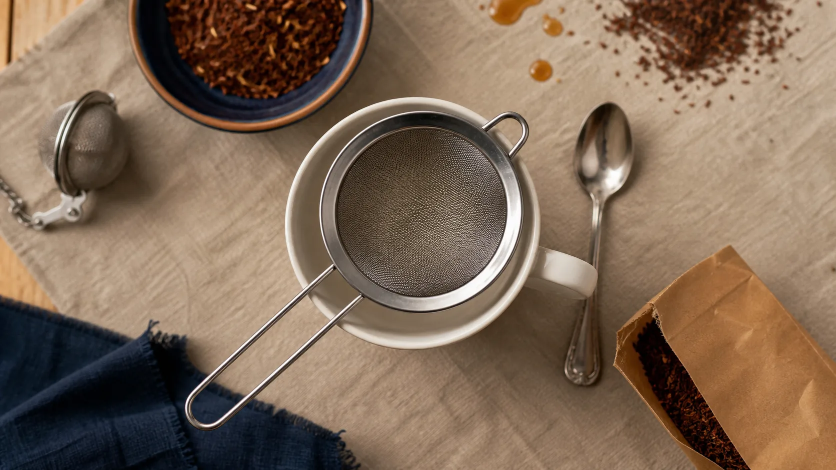 Passoire a the inox sur tasse blanche, rooibos