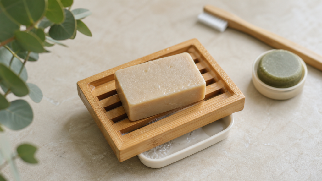 Porte savon bambou avec égouttoir pour savon solide, sur plan de travail salle de bain.