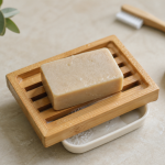 Porte savon bambou avec égouttoir pour savon solide, sur plan de travail salle de bain.
