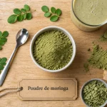 poudre de moringa bienfait sur table en bois, bol et cuillère