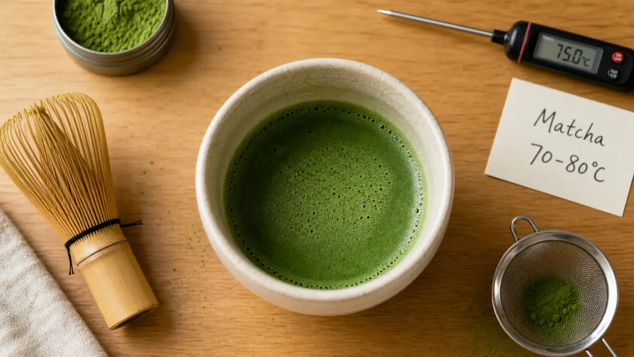 Recette thé matcha maison : eau 70-80°C, mousse fine, zéro grumeau