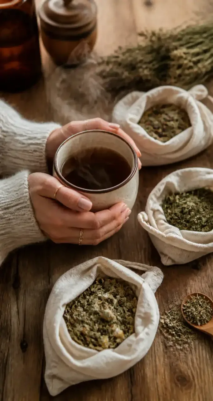 Mains tenant une tasse en céramique où fume une infusion bio