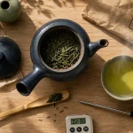 the sencha : feuilles vertes, théière et bol de préparation
