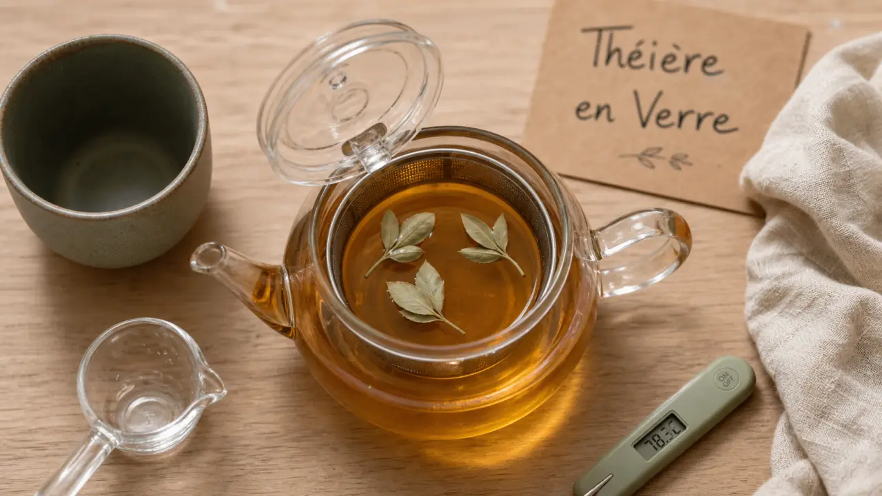 Photo d’une théière en verre avec feuilles de thé blanc vert