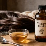 Vinaigre de cidre et cheveux : bol, bouteille et chevelure brillante