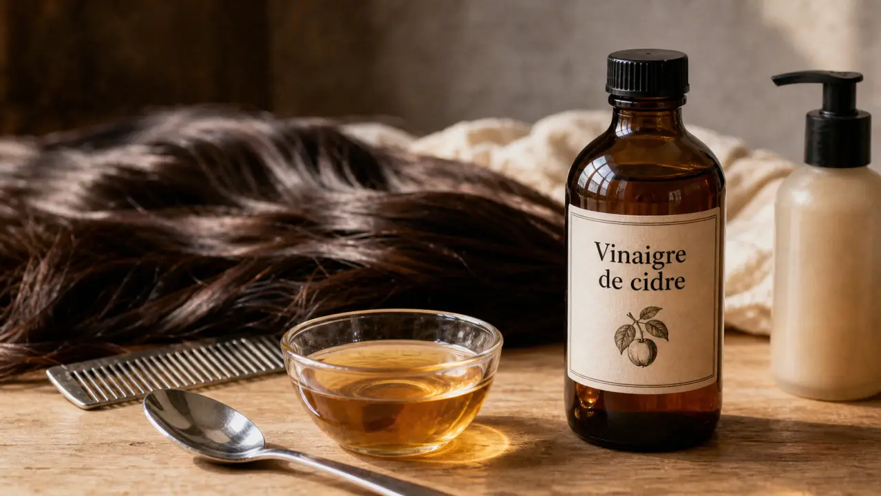 Vinaigre de cidre et cheveux : bol, bouteille et chevelure brillante