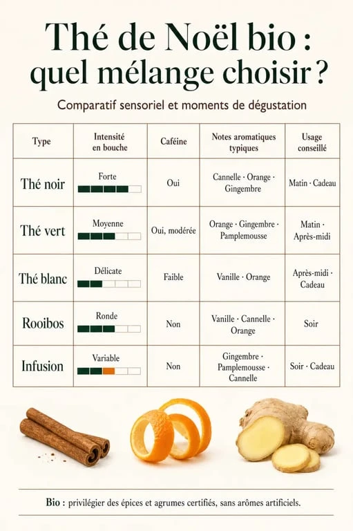 Infographie thé de noel bio comparant thé noir, thé vert, thé blanc, rooibos et infusion
