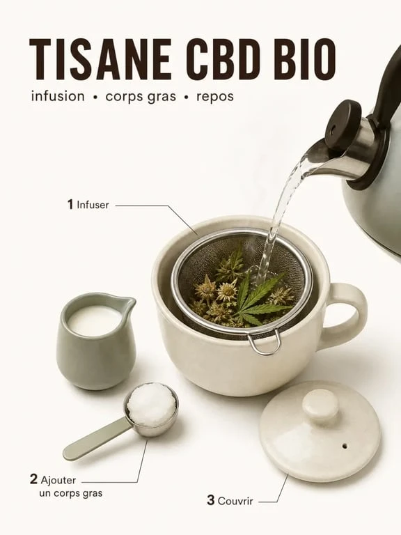 Préparation d’une tisane cbd bio avec corps gras et infusion de 10 minutes