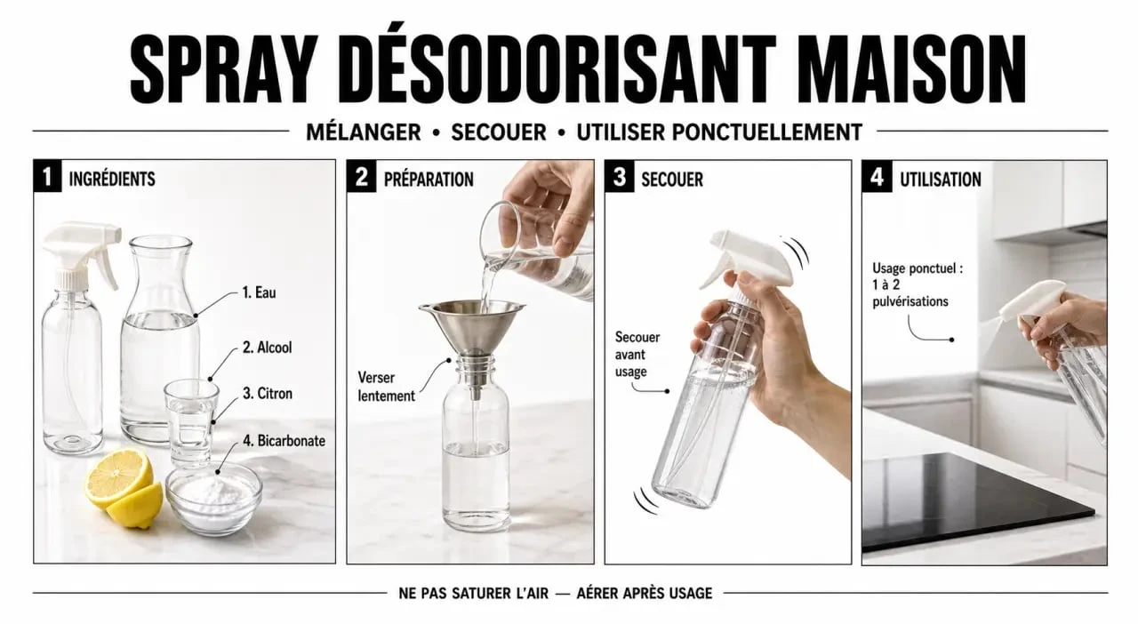 Préparation de désodorisants maison en spray avec citron et bicarbonate