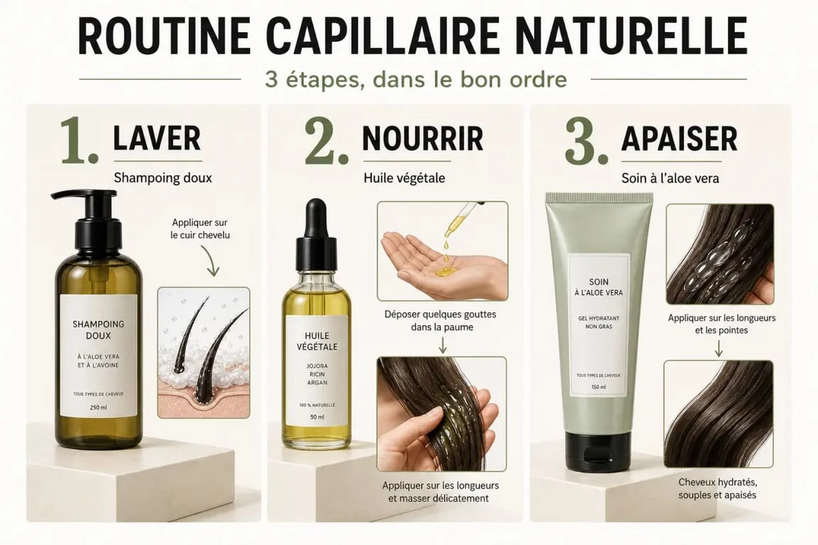 Soins capillaires naturels : routine simple en trois étapes avec shampoing doux, huile végétale et aloe vera