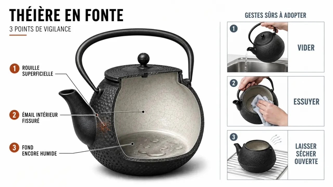 Théière en fonte danger : signes de rouille, émail fissuré et séchage correct