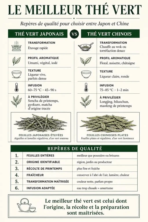 Meilleur thé vert : infographie comparative des critères de choix, des origines et des infusions