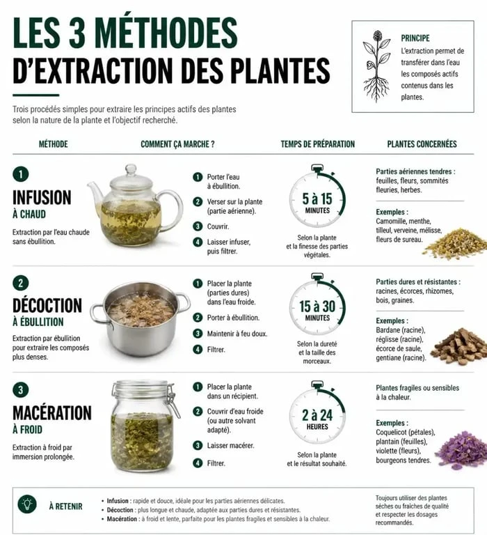 Infographie des méthodes de préparation d'infusion aux plantes : infusion, décoction et macération.