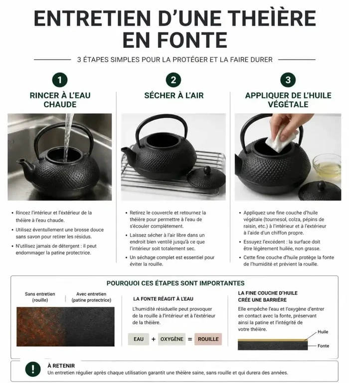 Étapes d'entretien pour préserver sa théière en fonte
