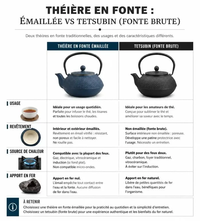 Comparatif entre théière en fonte émaillée et bouilloire tetsubin en fonte brute