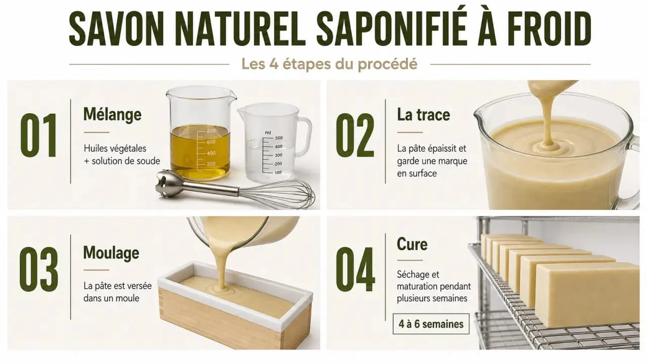 Savon naturel : schéma de la saponification à froid avec les étapes et le temps de cure