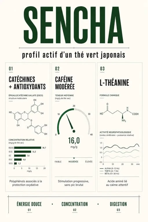 Les bienfaits du the sencha bienfait expliqués en visuel éditorial sur les catéchines, l’énergie douce et la L-théanine