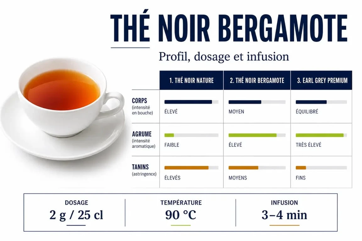Thé noir bergamote : comparaison visuelle des profils Earl Grey et repères de préparation