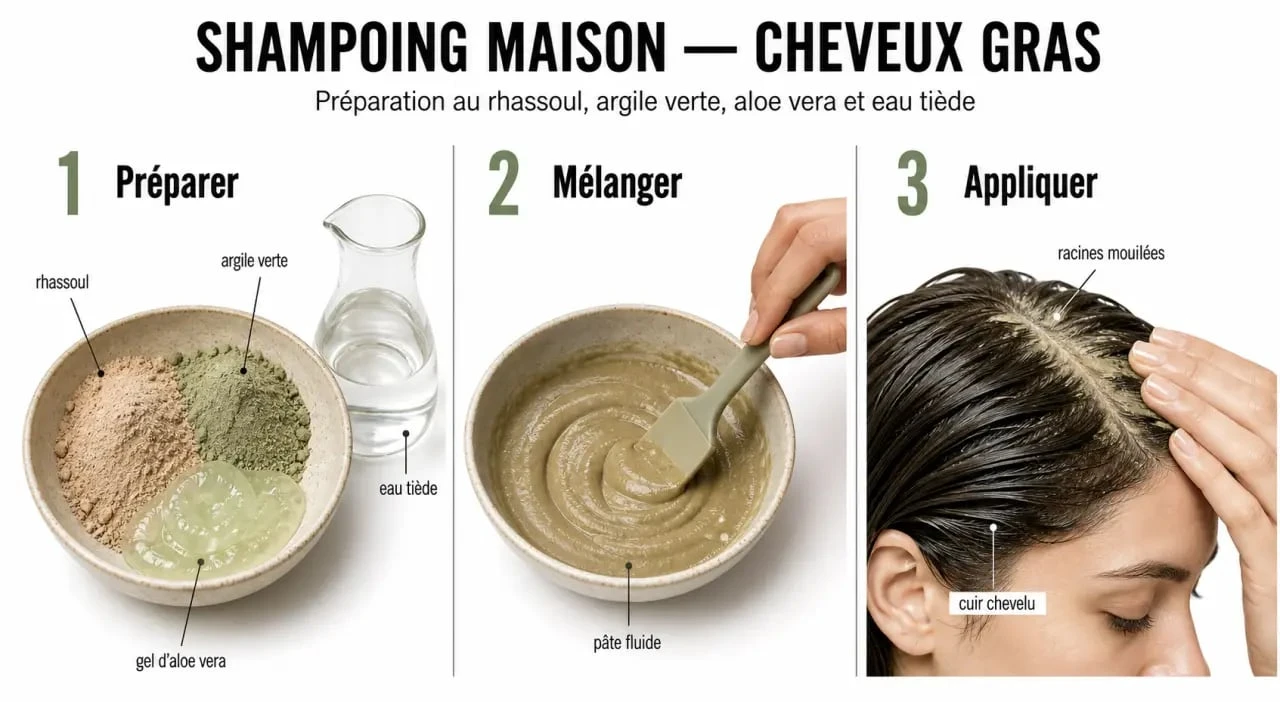 Préparation du shampoing cheveux gras maison au rhassoul et à l’aloe vera