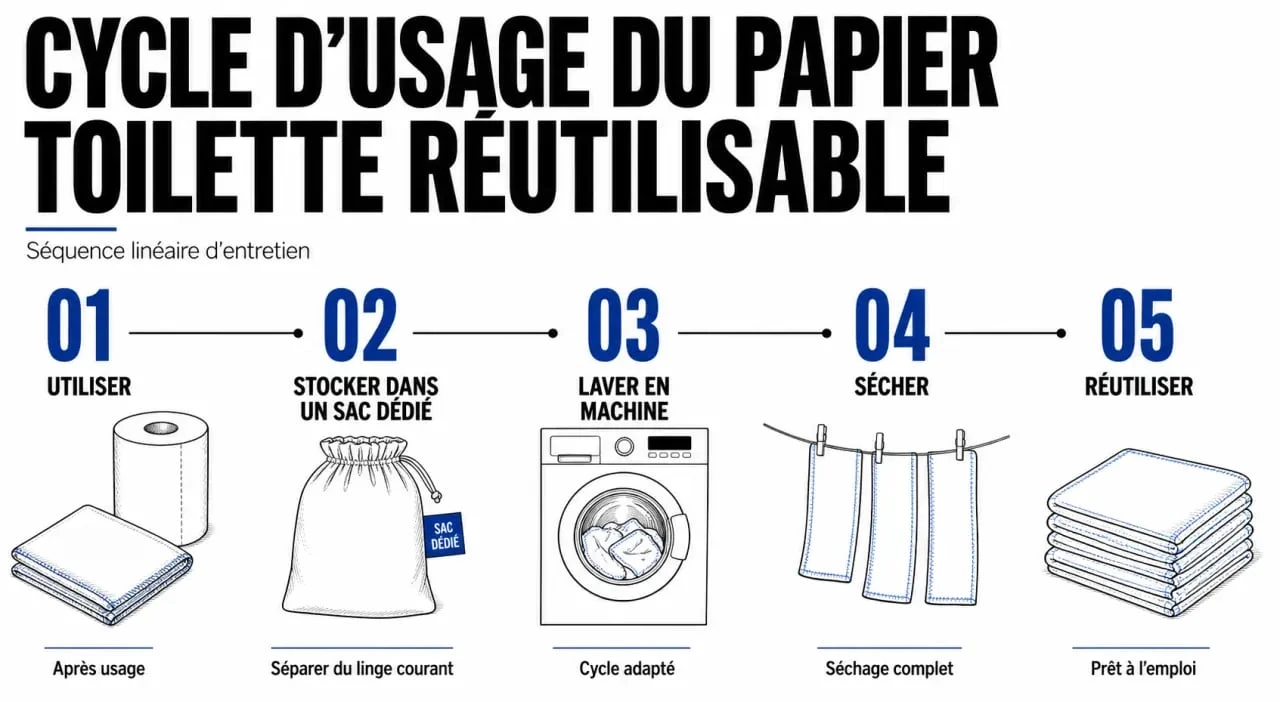 Cycle d’usage du papier toilettes reutilisable de l’utilisation au lavage et à la réutilisation