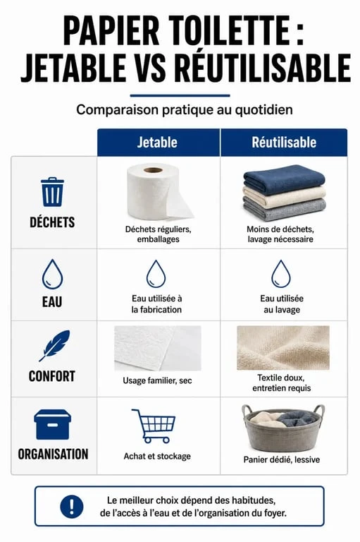 Papier toilettes reutilisable comparé au papier toilette jetable dans une infographie éditoriale