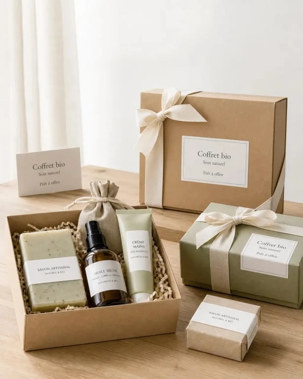Coffret cosmétique bio prêt à offrir avec savons solides, crème mains et accessoires naturels